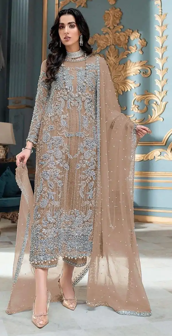 Pretty Light Brown Organza Embroidery Sequence Salwar Suit