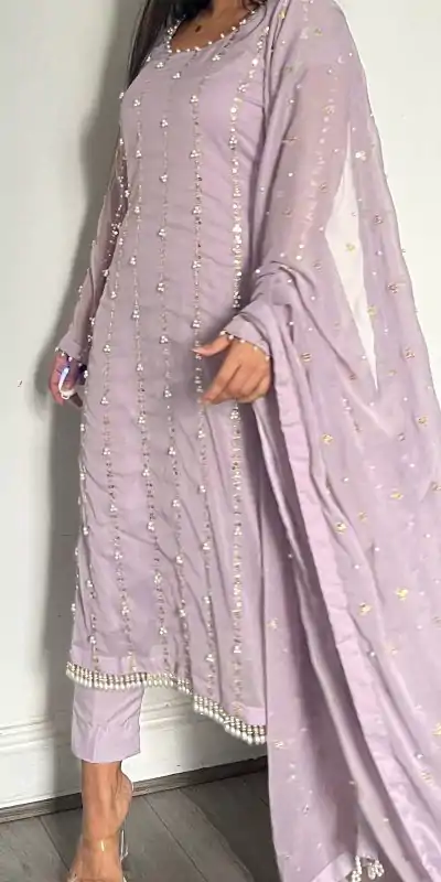 Pretty Pink Color Georgette Thread Rivet Moti Salwar Suit