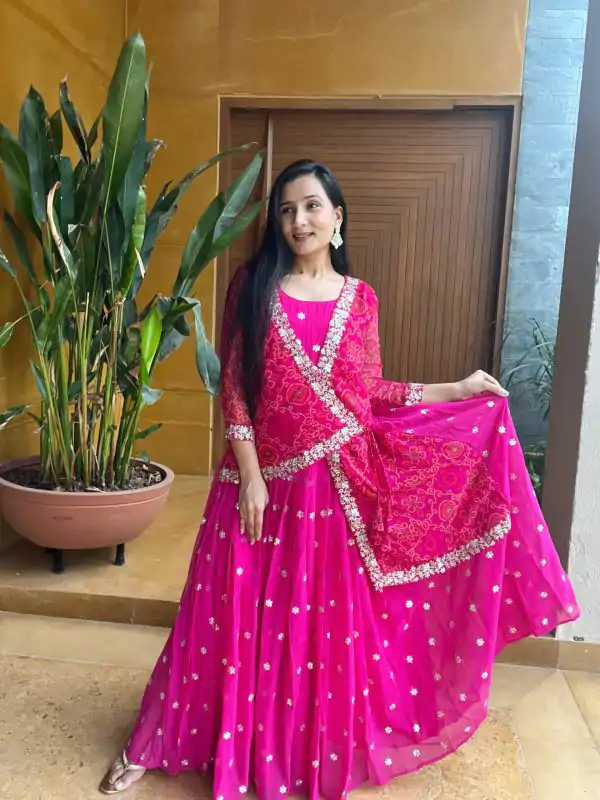 Pretty Rani Color Georgette Embroidery Attached Jacket Gown