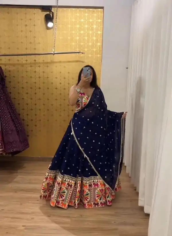Pure Navy Blue Color Mono Slab Heavy Gamathi Lehenga Choli