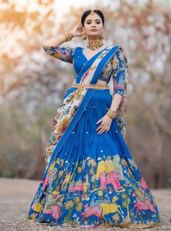 Sreemukhi Blue Color Chant Crepe Kalamkari Printed Lehenga Choli