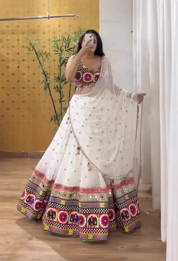 Stunning White Color Chinon Sequence Embroidery Lehenga Choli