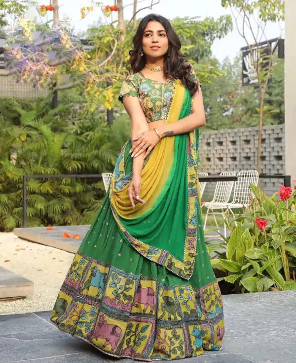 Superb Green Color Choline Kalamkari Digital Print Lehenga Choli