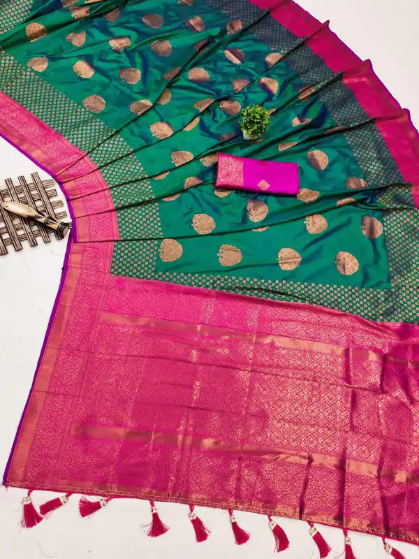 Superb Green Color Soft Silk Copper Zari Design Saree
