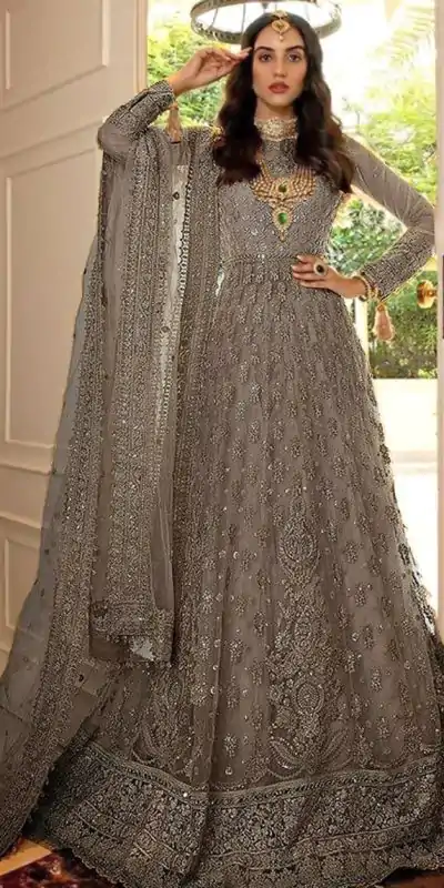 Superb Grey Color Butterfly Net Embroidery Salwar Suit