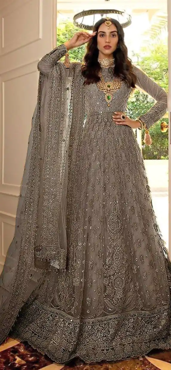 Superb Grey Color Butterfly Net Embroidery Salwar Suit