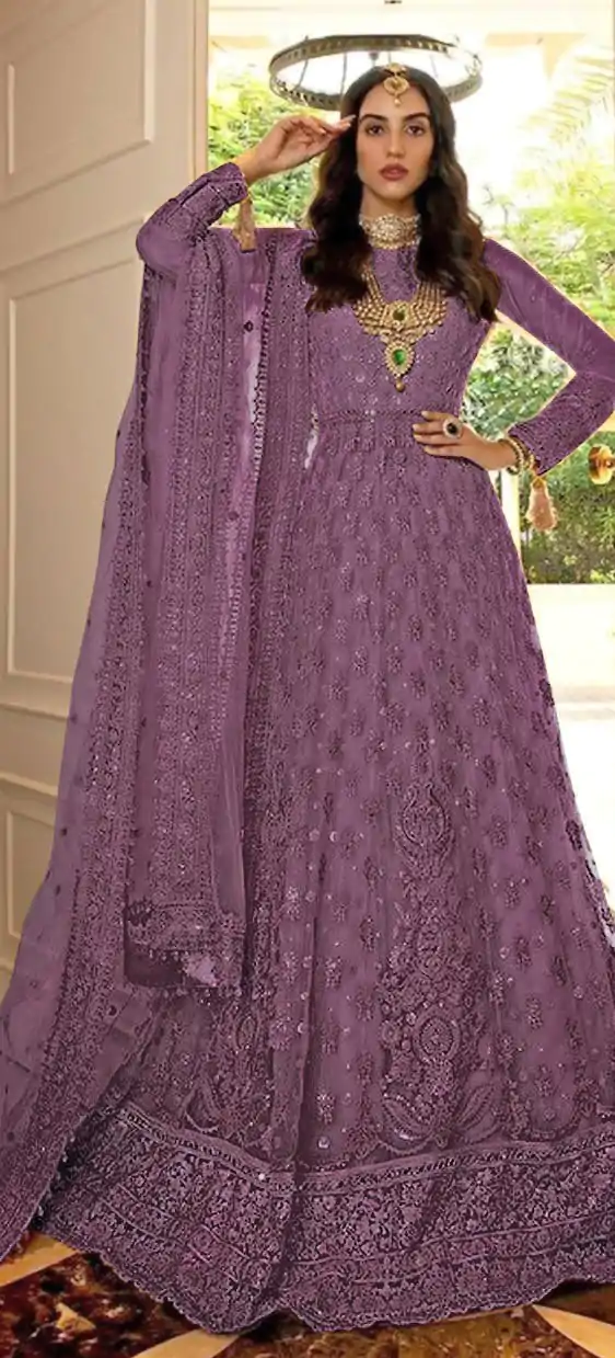 Superb Purple Color Butterfly Net Embroidery Salwar Suit