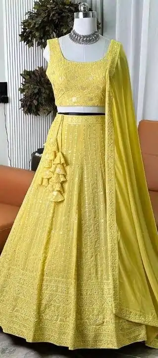 Superb Yellow Color Georgette Multi Needle Work Lehenga Choli