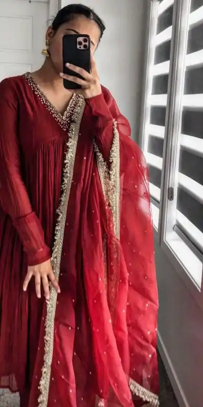 AD 152 Red Color Pure Chinon Silk Embroidery Gown Fancy Full Sleeve Wedding, Party, Festive, Events Etc. Expected Delivery  4-6 Working Days @1799/ | Jump Suits, Casual Suits, Creative suits, Designer Suits, Palazzo Suits, Party Wear Suits, Patiala Suits, Salwar suit, Straight Suits
