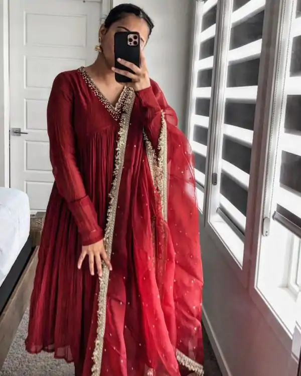 AD 152 Red Color Pure Chinon Silk Embroidery Gown Fancy Full Sleeve Wedding, Party, Festive, Events Etc. Expected Delivery  4-6 Working Days @1799/ | Jump Suits, Casual Suits, Creative suits, Designer Suits, Palazzo Suits, Party Wear Suits, Patiala Suits, Salwar suit, Straight Suits