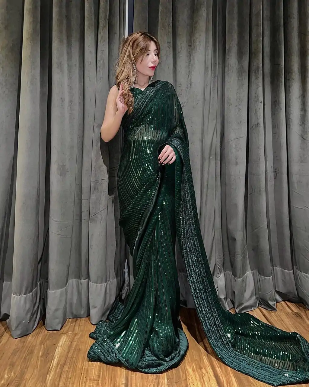 Attractive Green Sequin Georgette With Embroidery Work Saree - Image 3