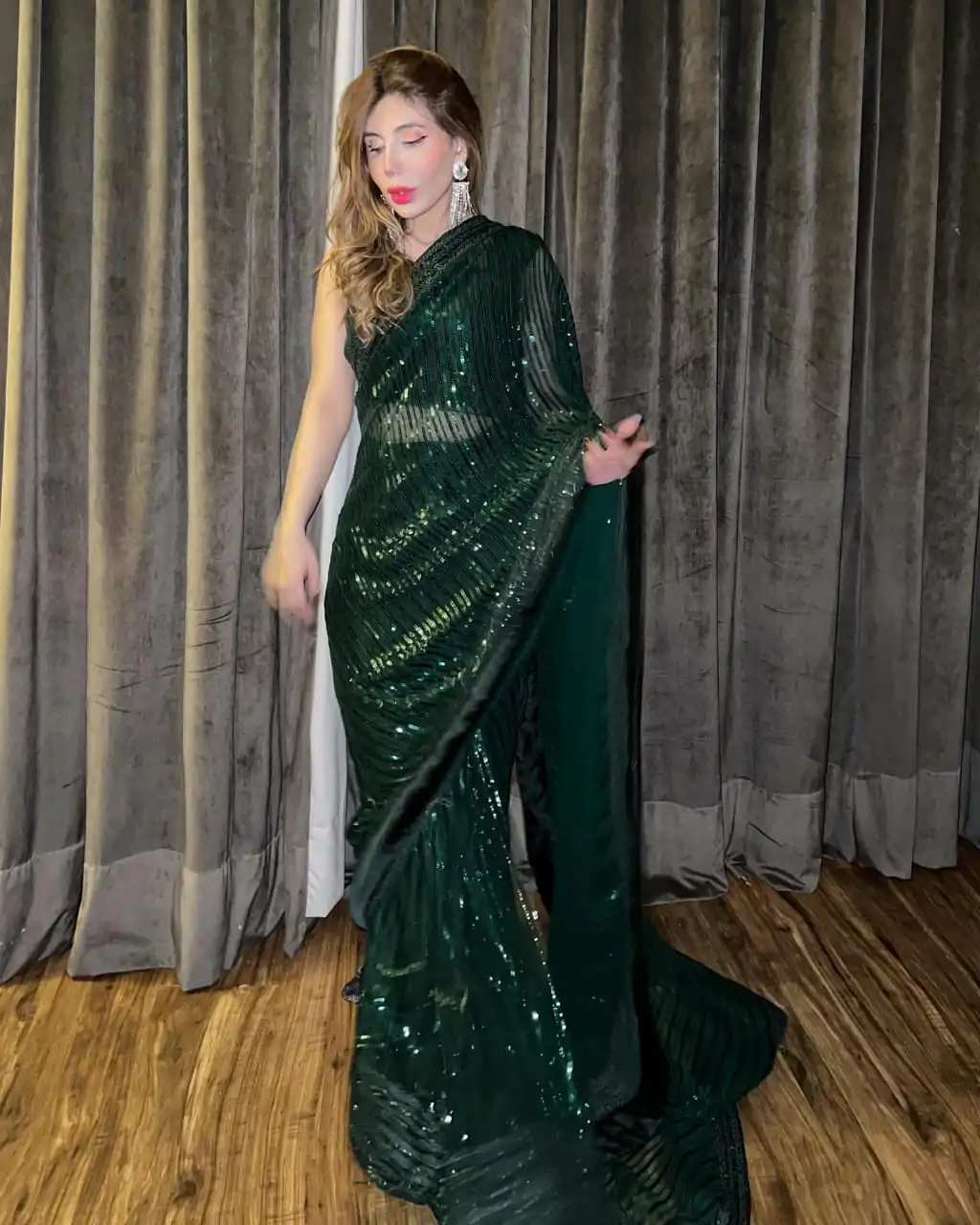 Attractive Green Sequin Georgette With Embroidery Work Saree - Image 2