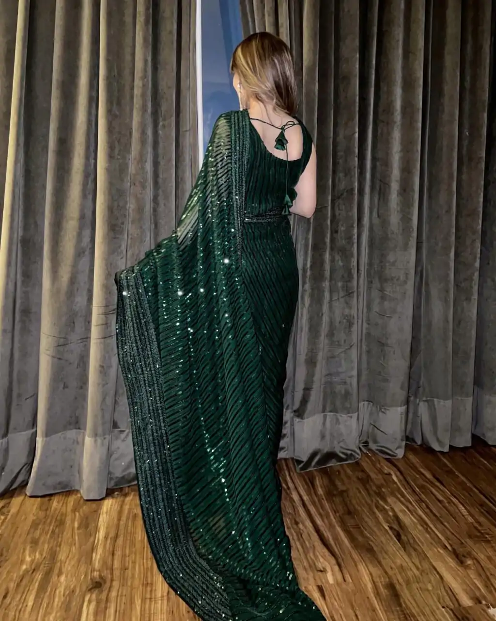 Attractive Green Sequin Georgette With Embroidery Work Saree - Image 4