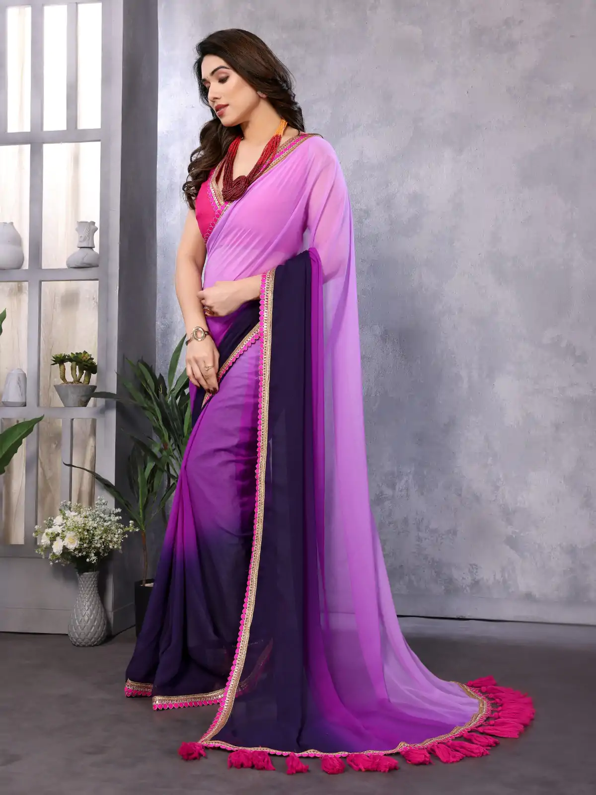 Attractive In Purple Color Faux Peding Georgette Party Wear Saree - Image 2