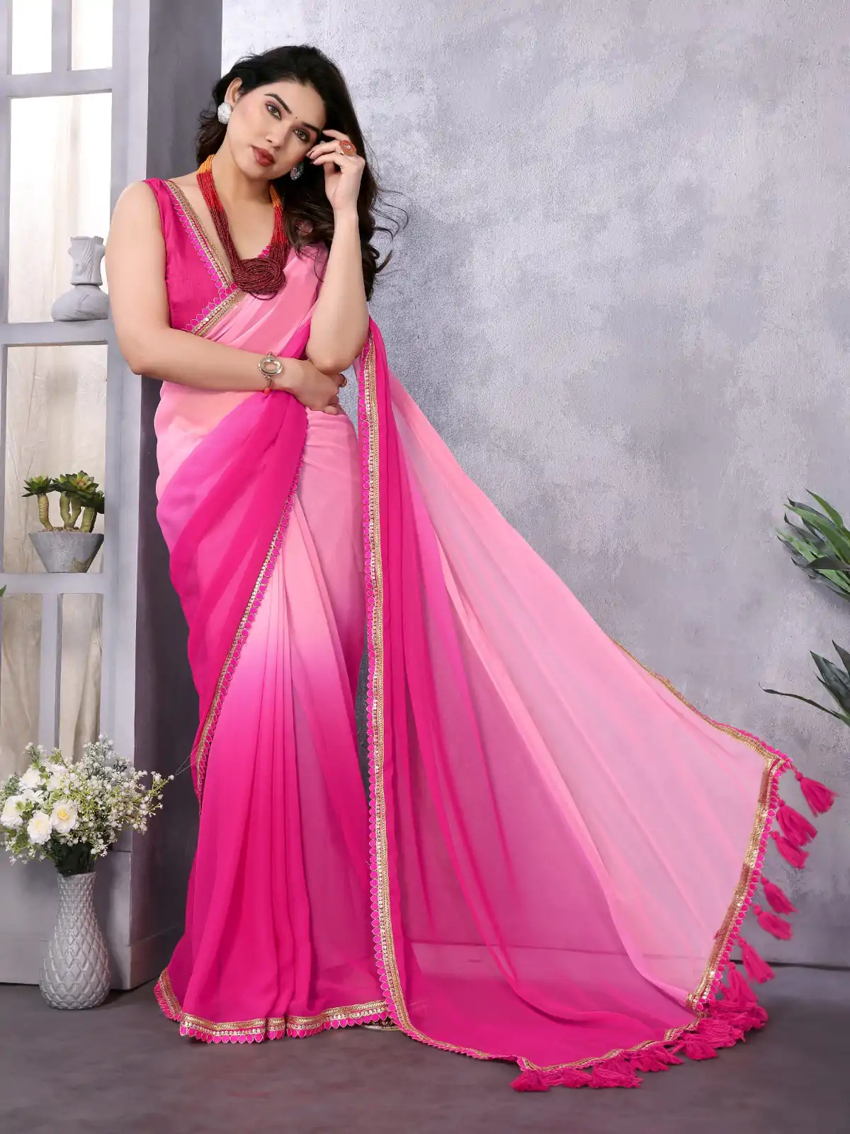 Attractive In Rose Pink Color Faux Peding Georgette Party Wear Saree - Image 4