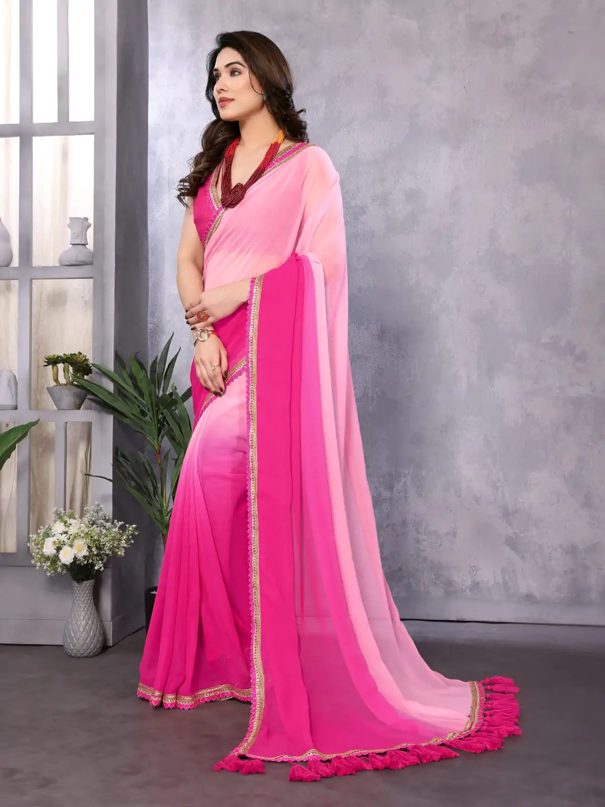 Attractive In Rose Pink Color Faux Peding Georgette Party Wear Saree - Image 2