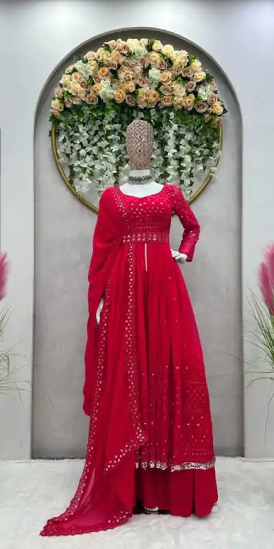 Classic Red Color Georgette Thread Sequence Salwar Suit