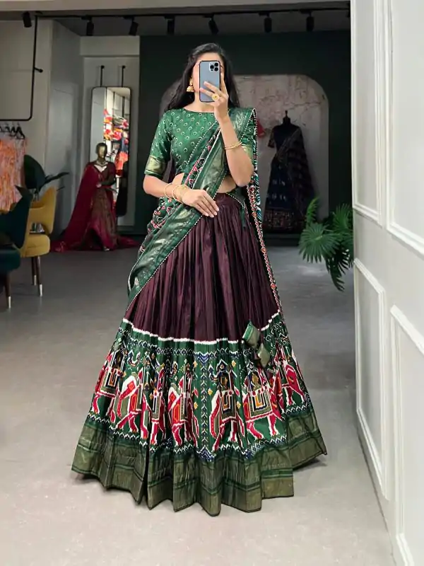 Fabulous Broun Color Dola Silk Patola Print Foil Work Lehenga Choli