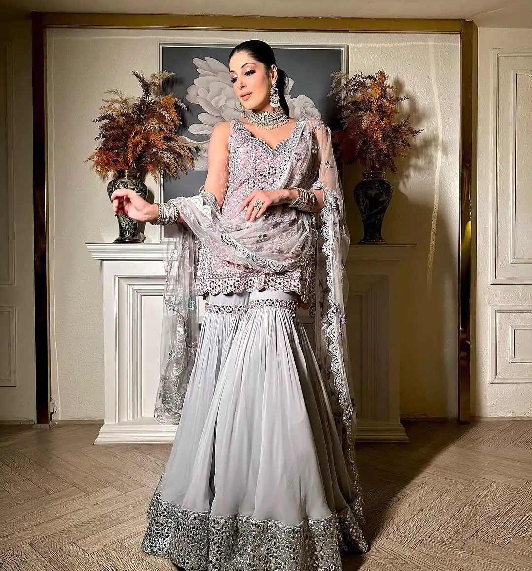 Fancy Grey Color Georgette thread Sequence Work Sharara Suit - Image 2