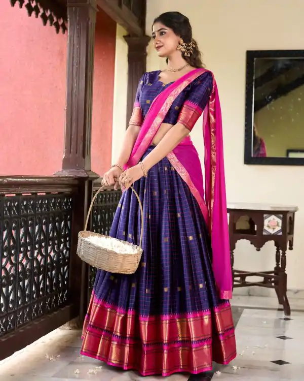 Graceful Navy Blue Color Cotton Silk Weaving Paithani Lehenga Choli