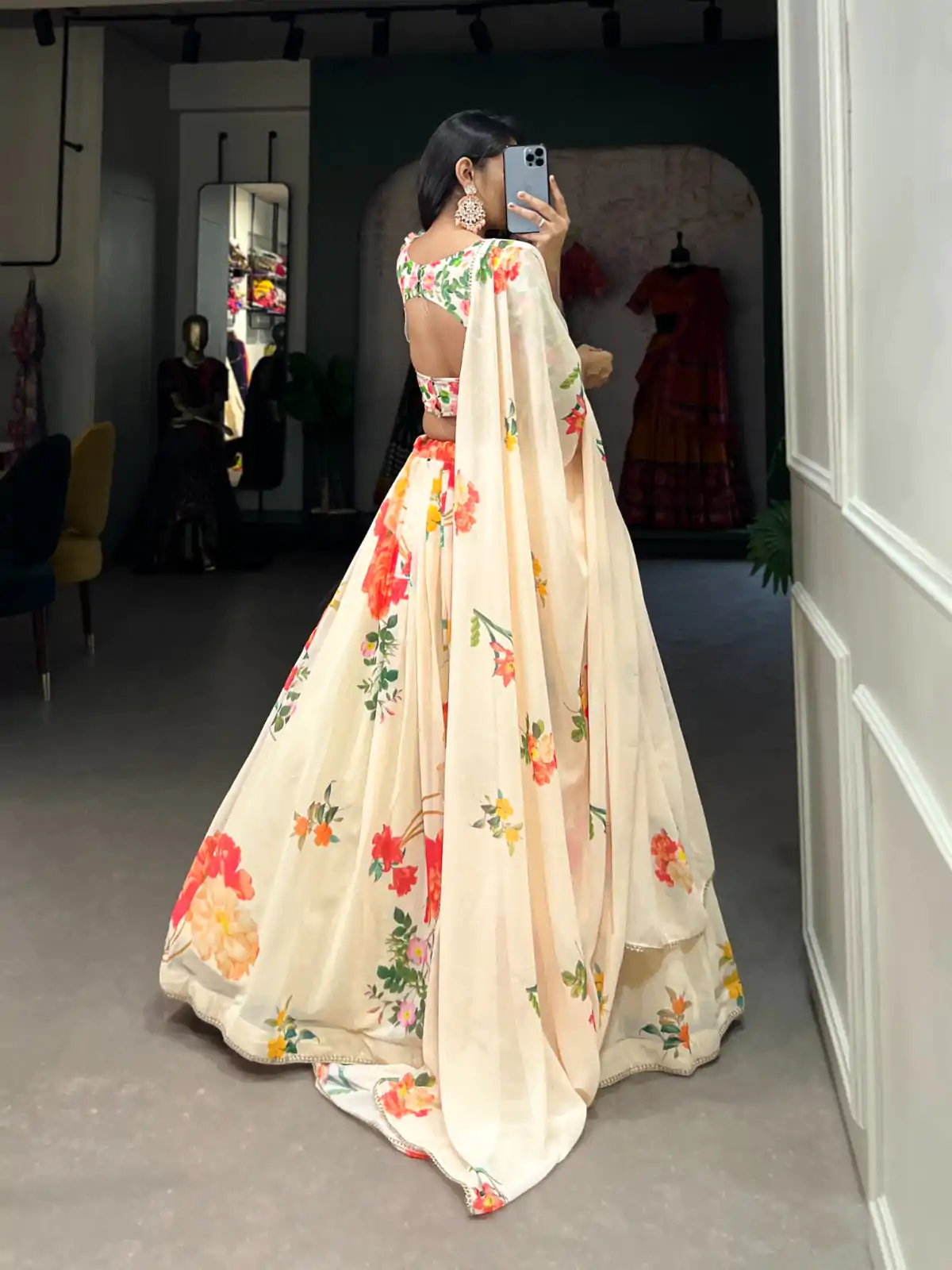 Grand Cream Color Georgette Floral Printed Lehenga Choli - Image 4