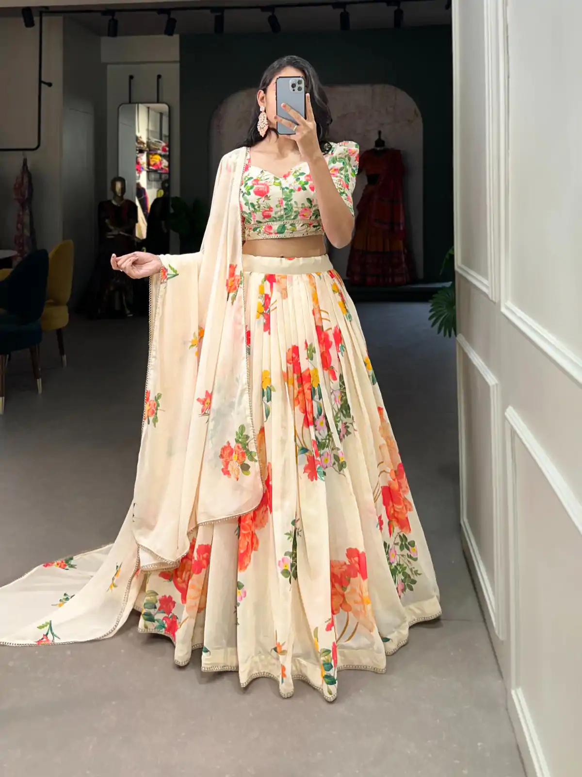Grand Cream Color Georgette Floral Printed Lehenga Choli - Image 2