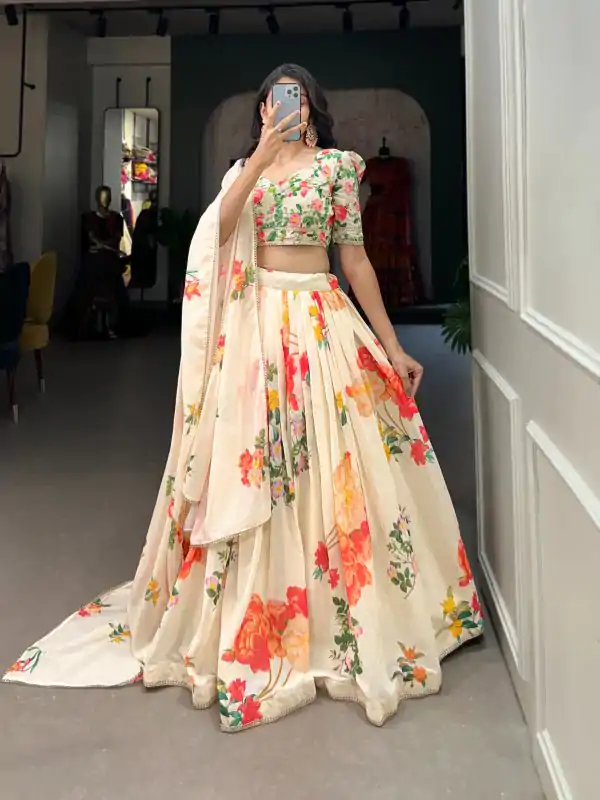 Grand Cream Color Georgette Floral Printed  Lehenga Choli