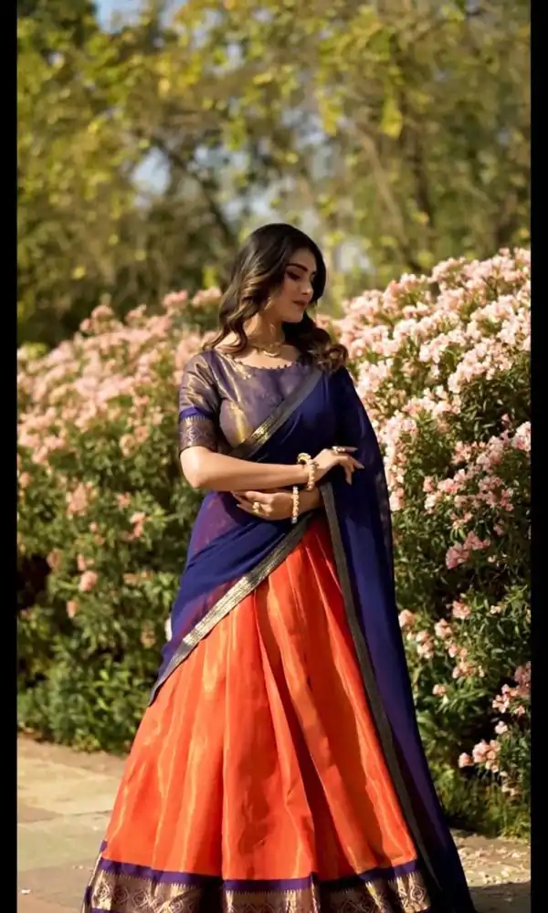 Peaceful Orange Color Kanchipuram Zari Weaving Lehenga Choli