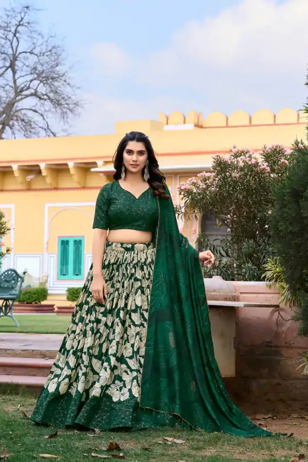 Pretty Green Color Tussar Silk Floral & Foil Printed Lehenga Choli