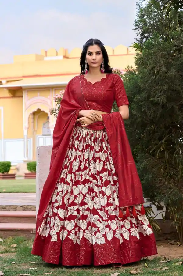 Pretty Red Color Tussar Silk Floral & Foil Printed Lehenga Choli