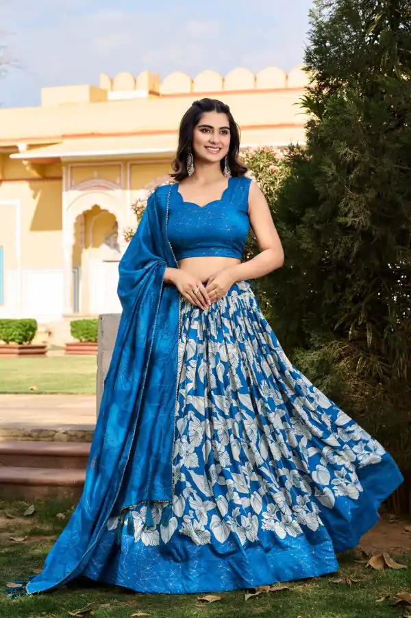 Pretty Royal Blue Color Tussar Silk Floral & Foil Printed Lehenga Choli