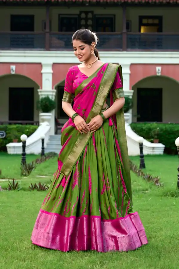 Super Pink Color Dola Silk Shibori Print Zari Weaving Lehenga Choli