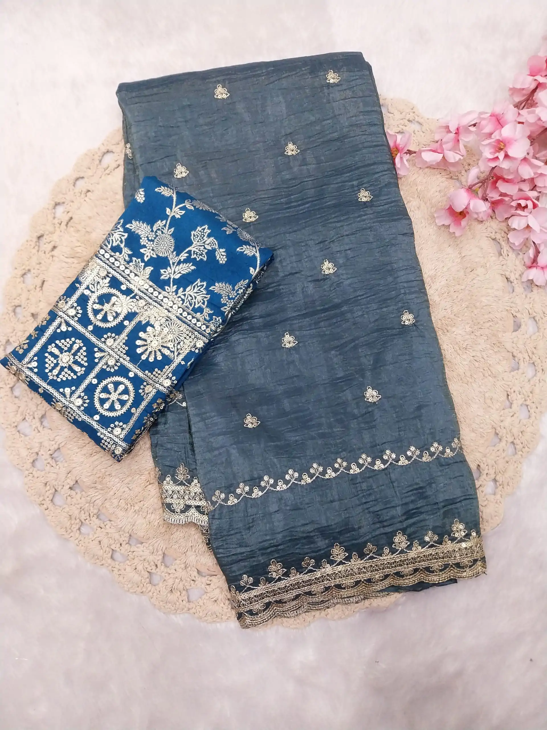 Amazing Blue Color Georgette With Embroidery Work Saree - Image 3