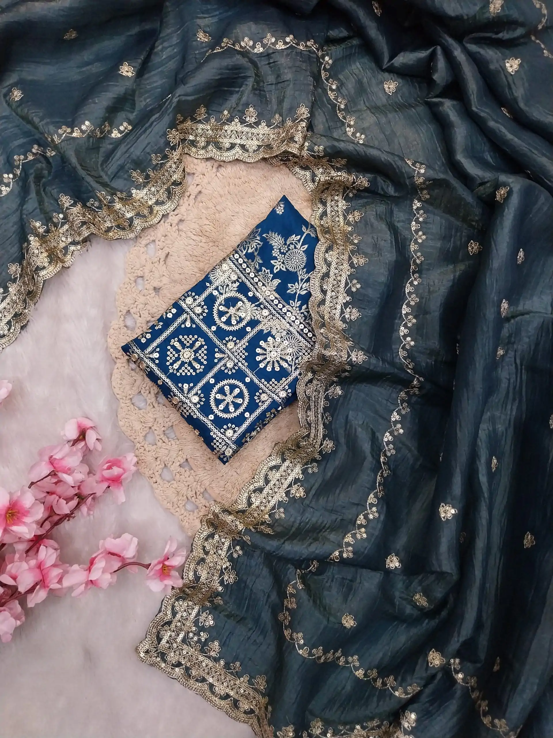 Amazing Blue Color Georgette With Embroidery Work Saree - Image 2