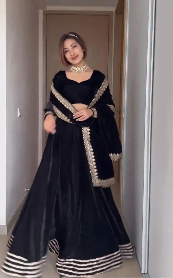 Blackberry Black Color Velvet Embroidery Sequence Straight Suit