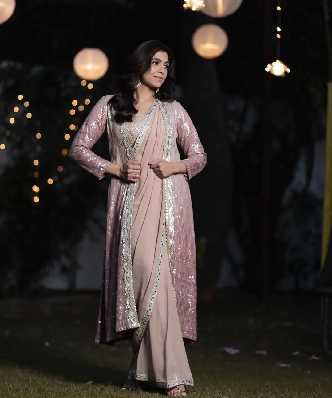 Commitment Peach or Lite Pink Color Embroidery Work Saree With Koti - Image 2