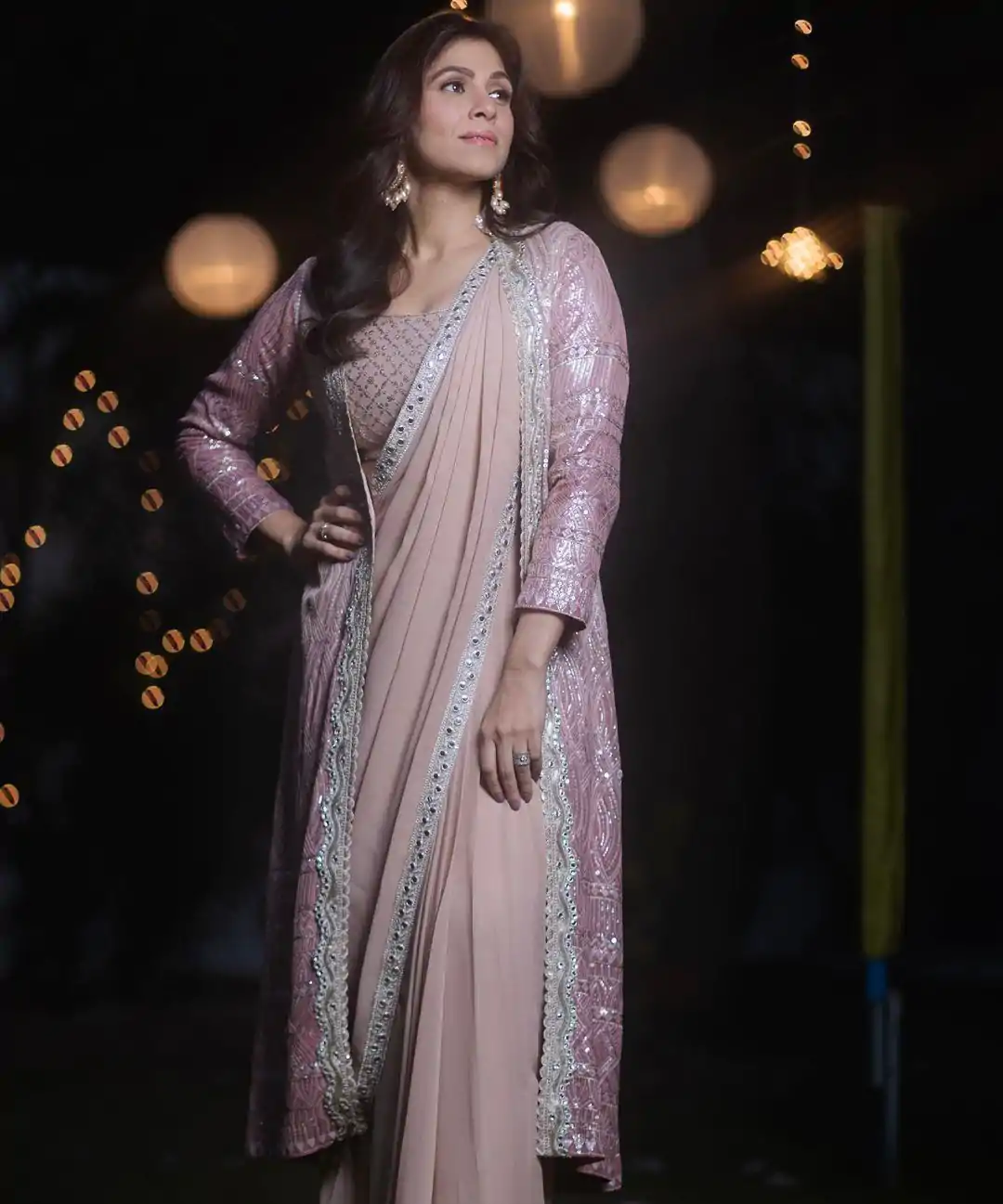 Commitment Peach or Lite Pink Color Embroidery Work Saree With Koti - Image 3