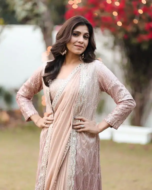 Commitment Peach or Lite Pink Color Embroidery Work Saree With Koti