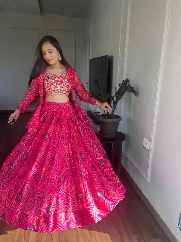 Commitment Pink Color Pure Bandhrej Heavy Embroidery Sequence Lehenga Choli
