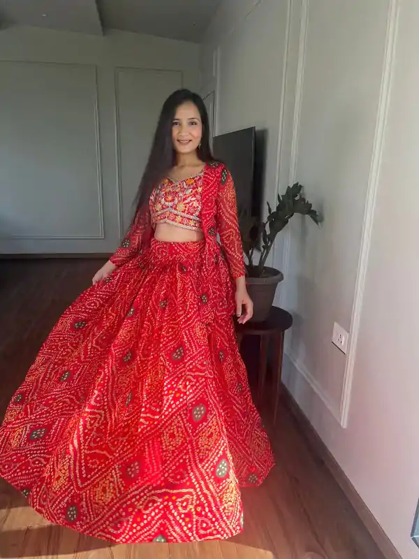 Commitment Red Color Pure Bandhrej Heavy Embroidery Sequence Lehenga Choli