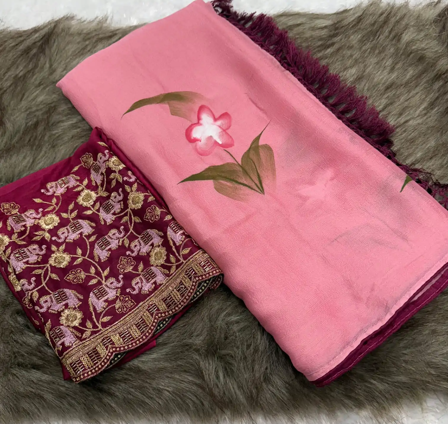 Dazzling Pink Color Georgette Embroidery Sequence Saree - Image 2