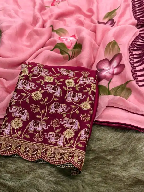 Dazzling Pink Color Georgette Embroidery Sequence Saree