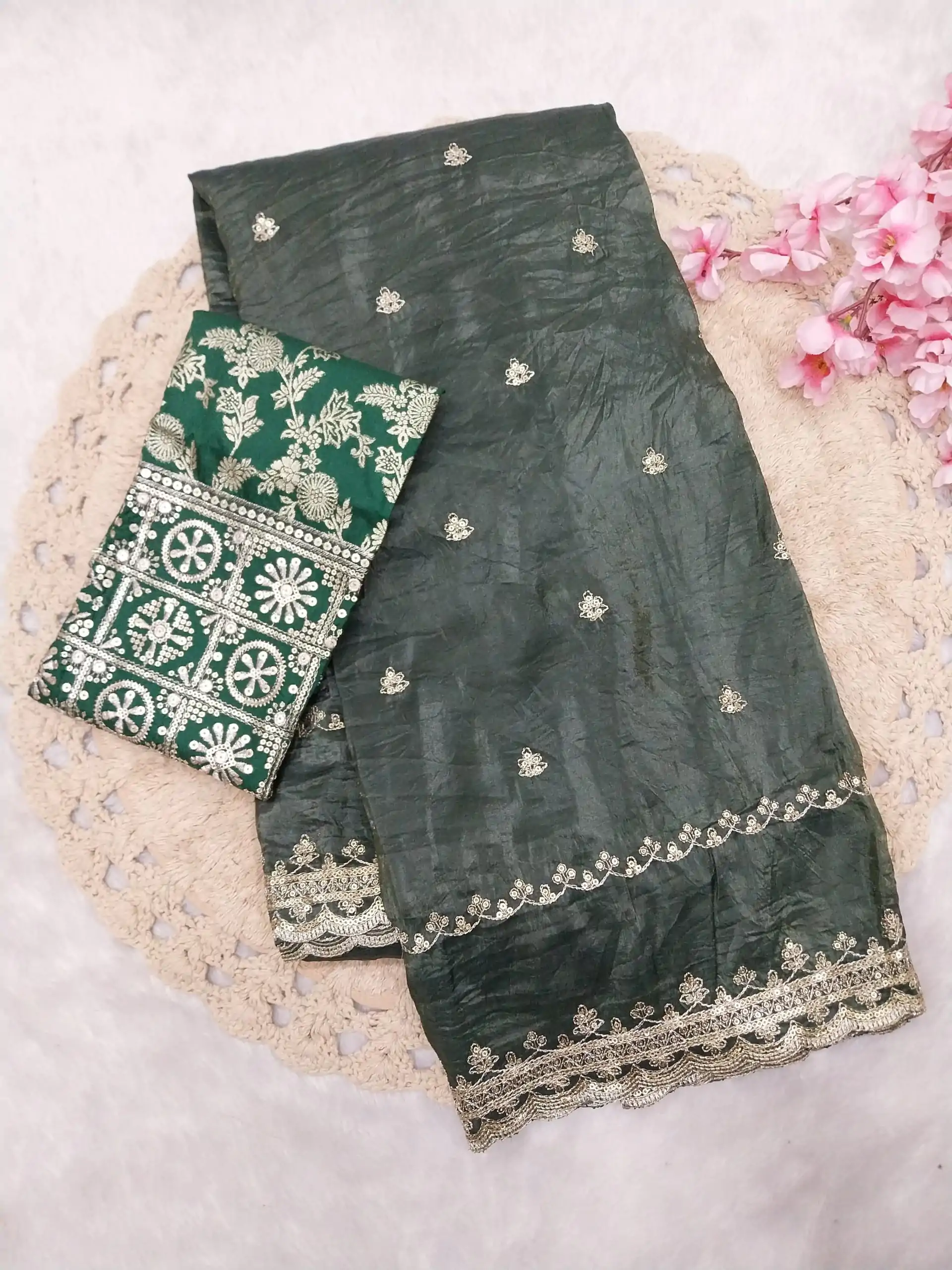 Enhance Green Color Georgette With Embroidery Work Saree - Image 3