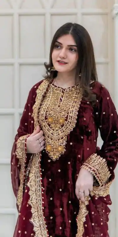 Exciting Marron Color Velvet Georgette Embroidery Sequence Salwar Suit
