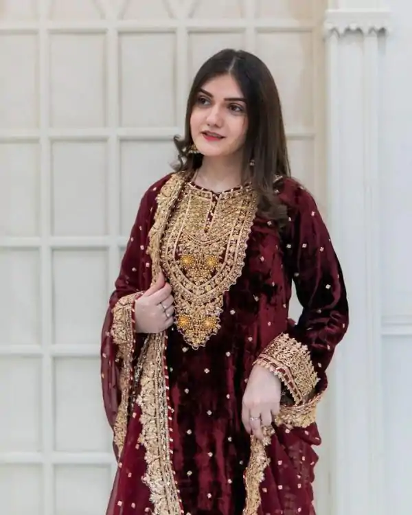 Exciting Marron Color Velvet Georgette Embroidery Sequence Salwar Suit