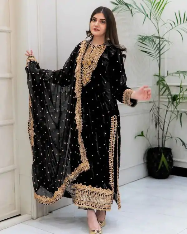Exotic Black Color Velvet Georgette Embroidery Sequence Salwar Suit