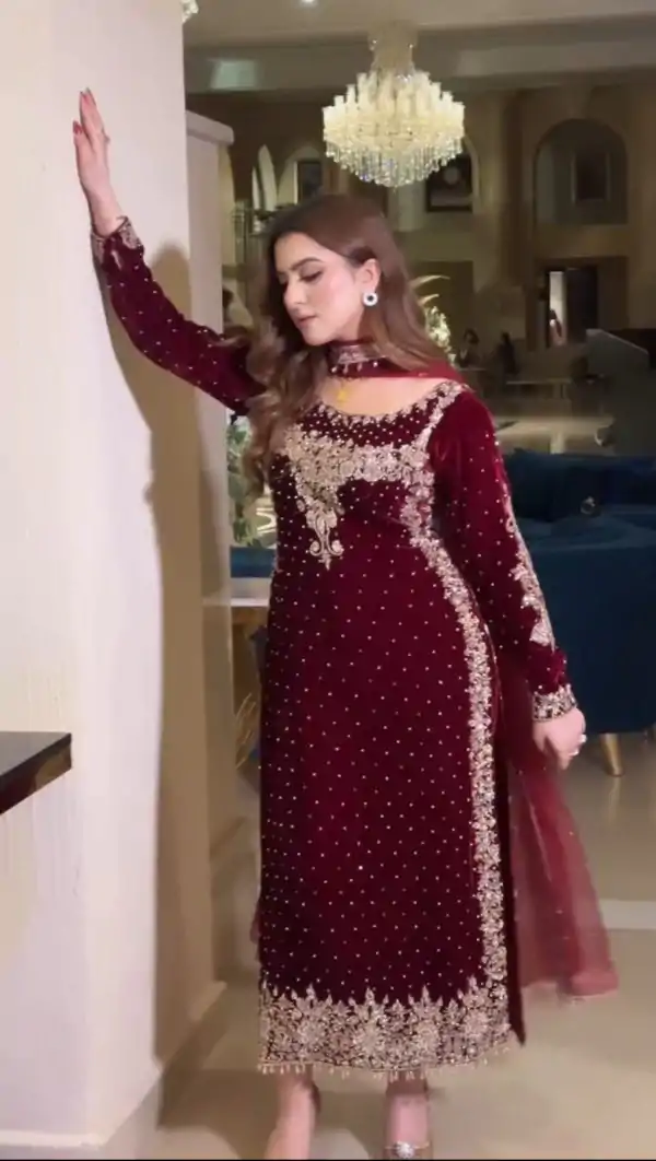Fancy Marron Violet Color Heavy Embroidery Sequence Straight Suit