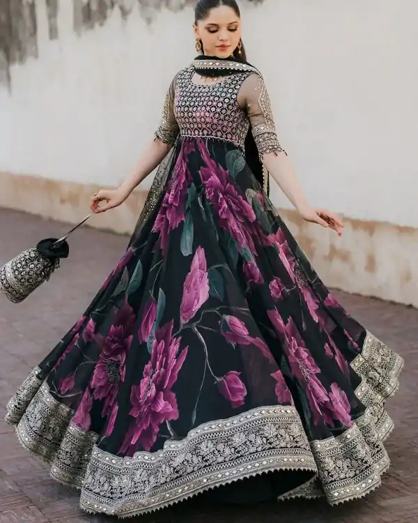 Magical Deep Purple And Black Color Foux Gorgette with digital print