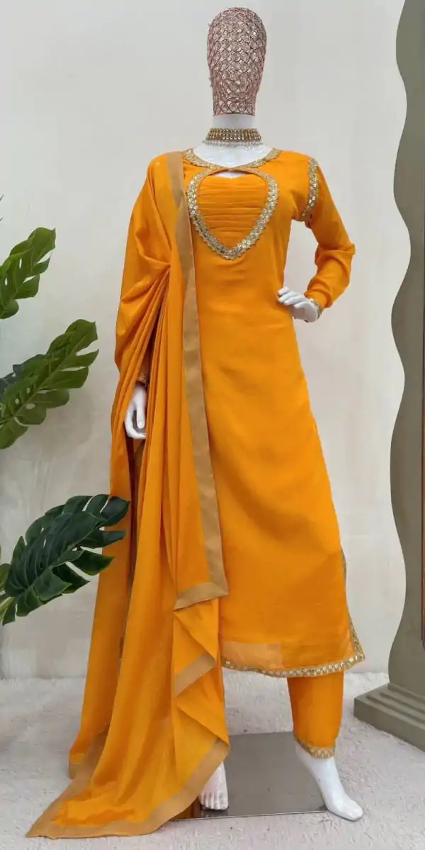 Mellow Yellow Color Chinon Silk Party Wear Sequnce Sharara Suit