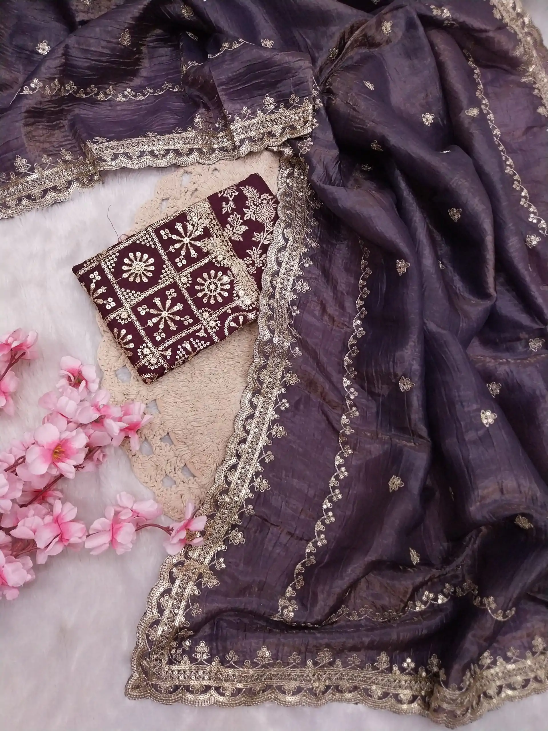 Progressive Purple Color Georgette With Embroidery Work Saree - Image 2